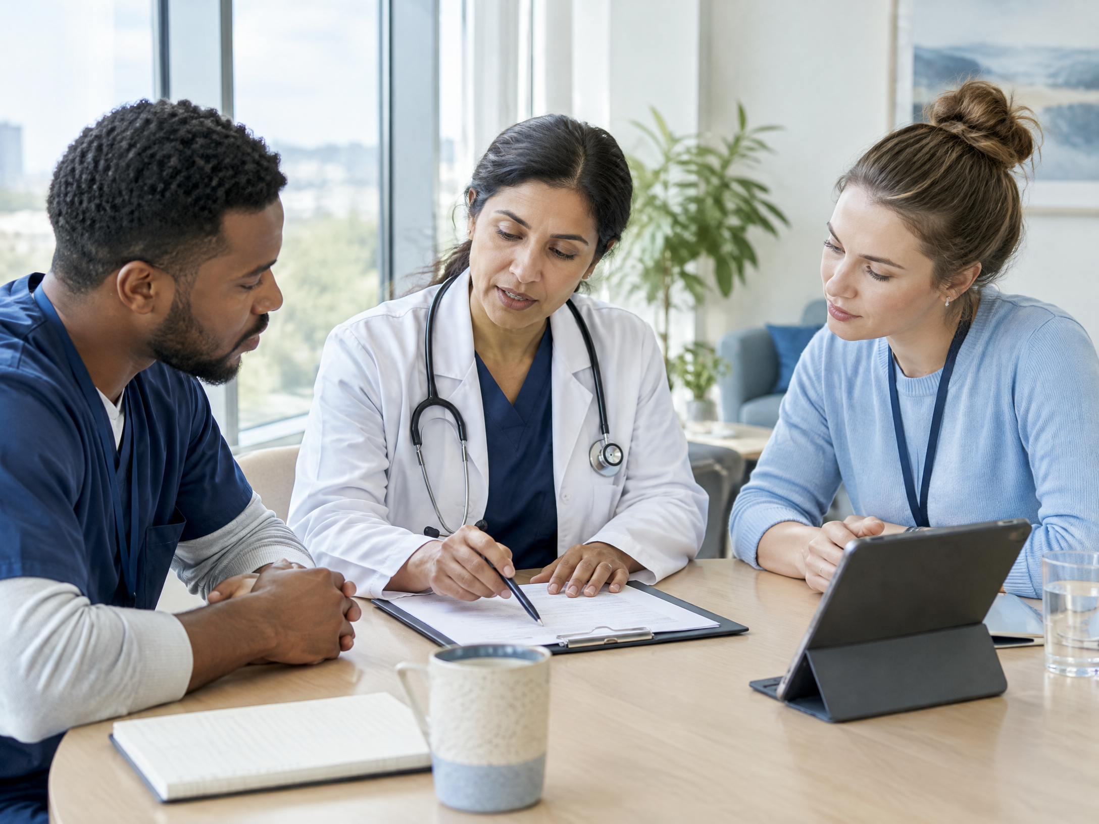 A doctor and care coordinators collaborating around a care plan